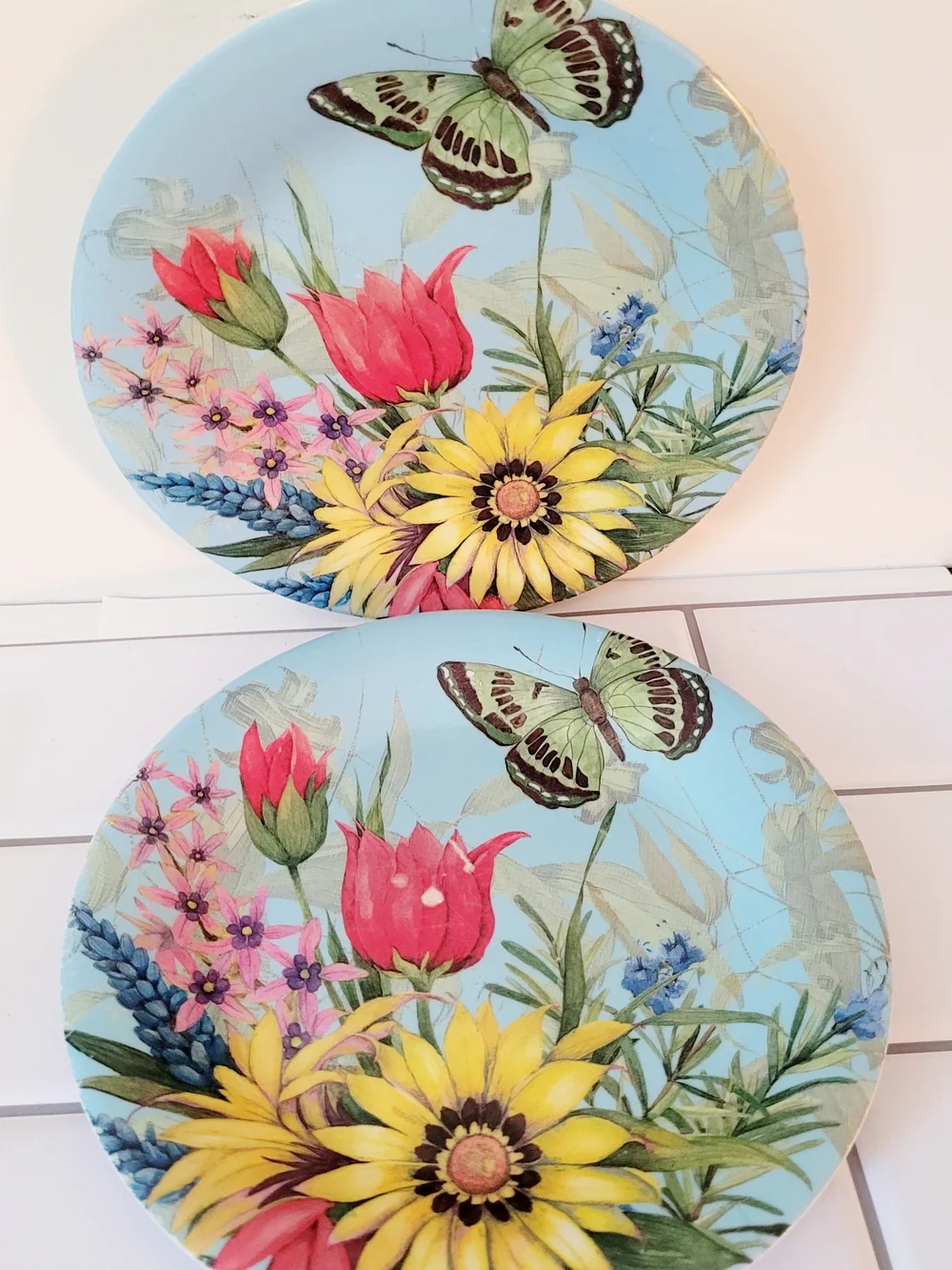 Floral Butterfly Plate Set of 2 – Blue, Yellow & Pink Melamine